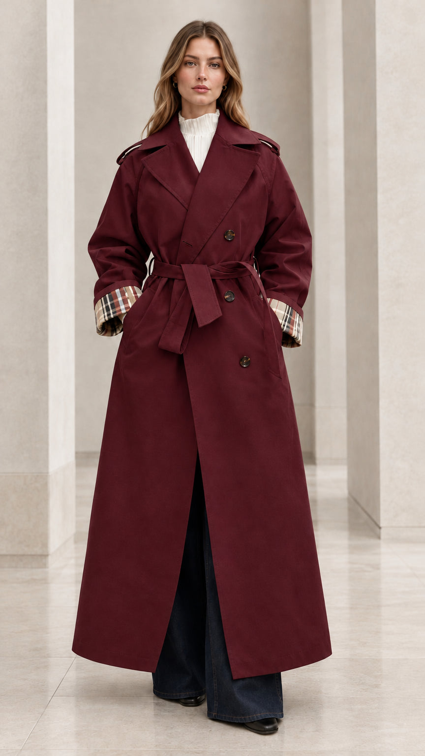 Front full-length view of woman wearing burgundy double-breasted maxi trench coat