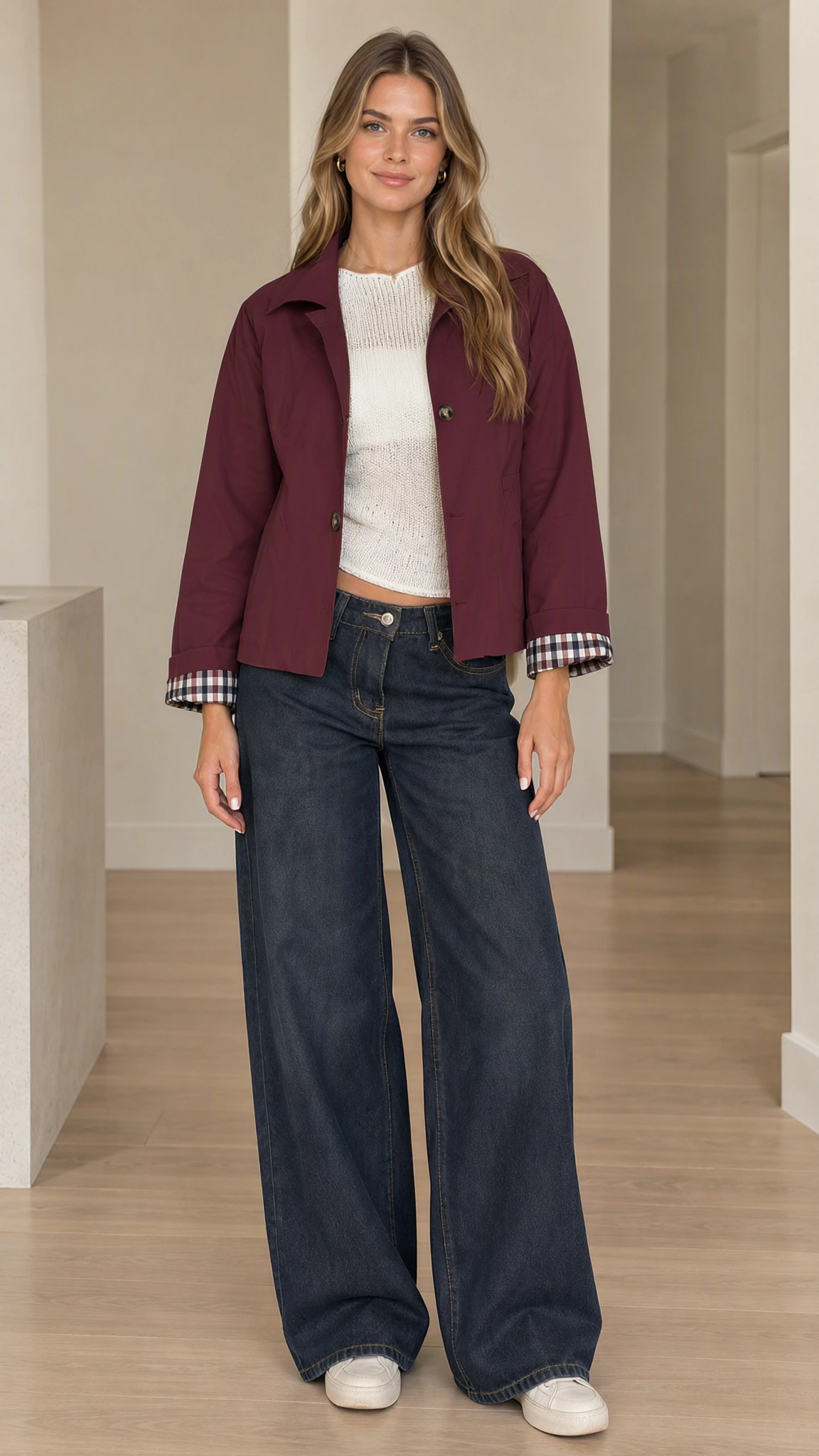 Front view of woman wearing burgundy collared short jacket with plaid cuffs