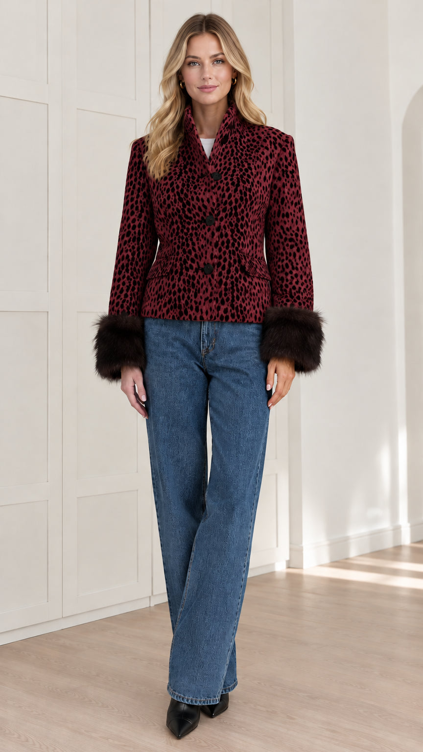 Front view of burgundy red leopard print jacket with faux fur cuffs and jeans