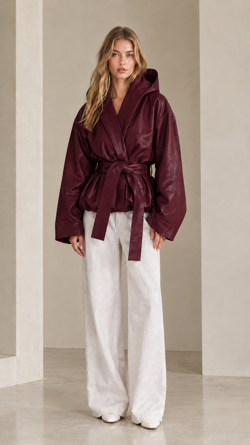 Front view of model wearing burgundy hooded belted faux leather wrap jacket