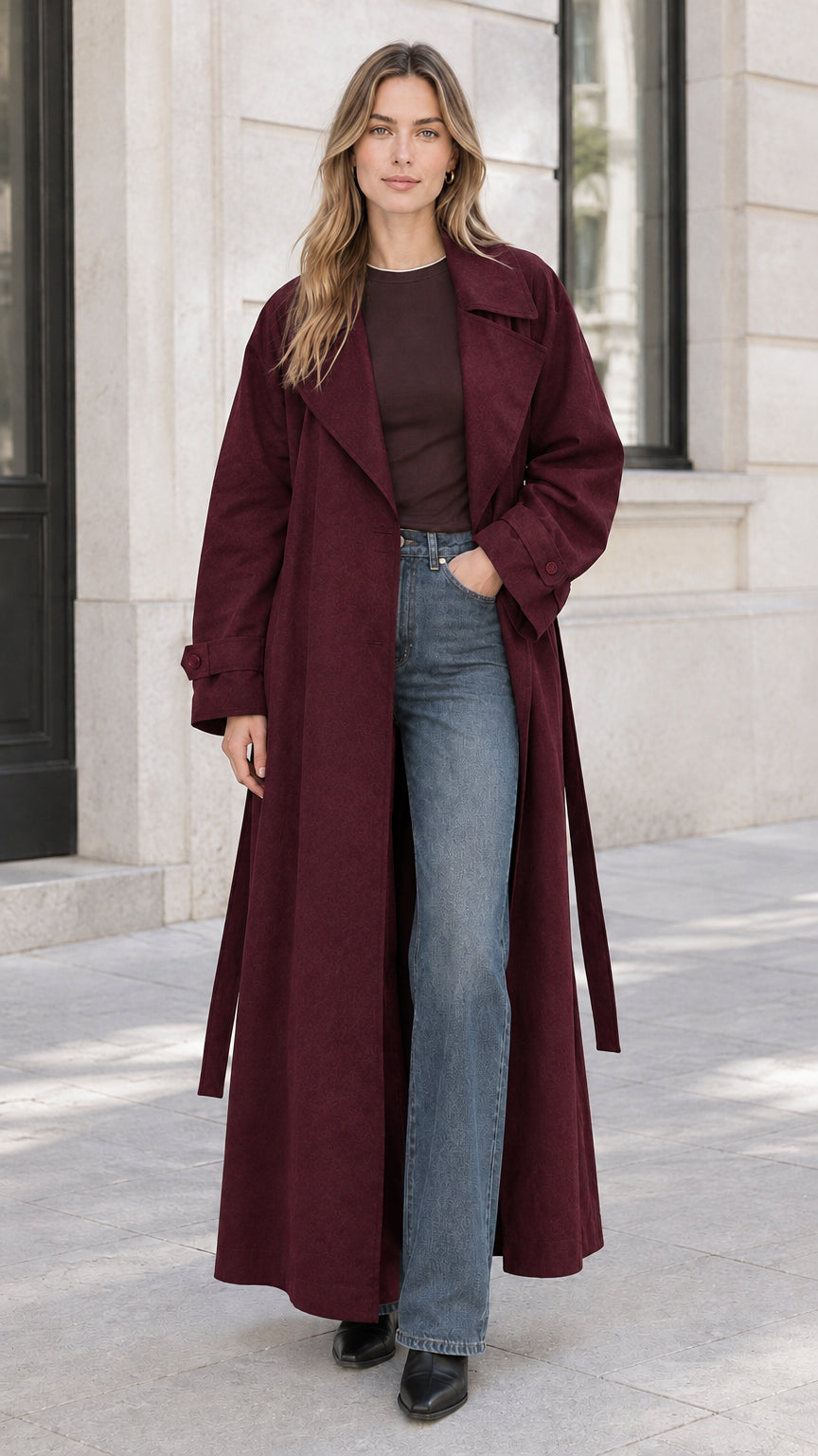 Front view of woman wearing burgundy wine red full-length maxi trench coat