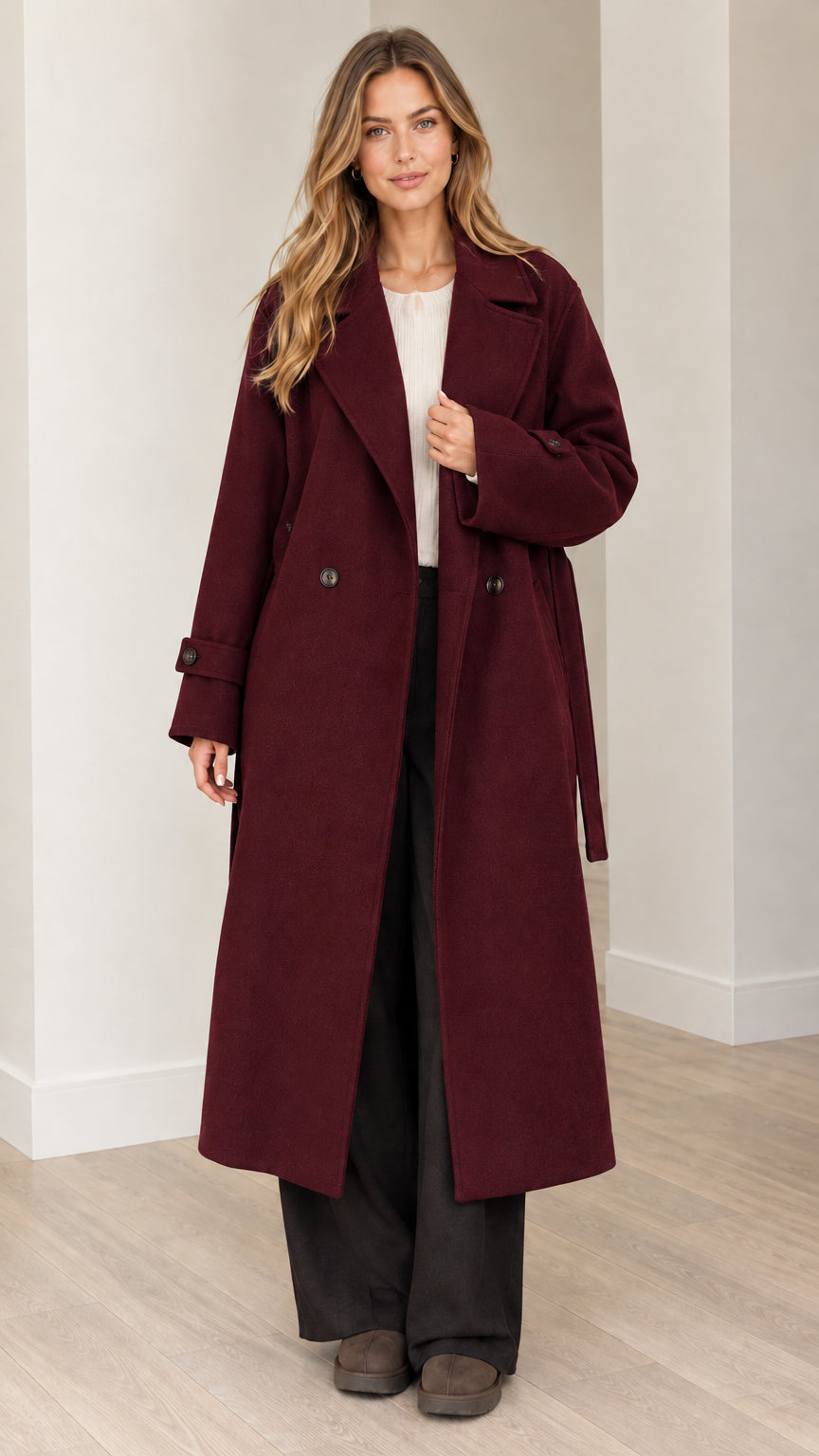 Front view of woman wearing burgundy wine red longline belted overcoat