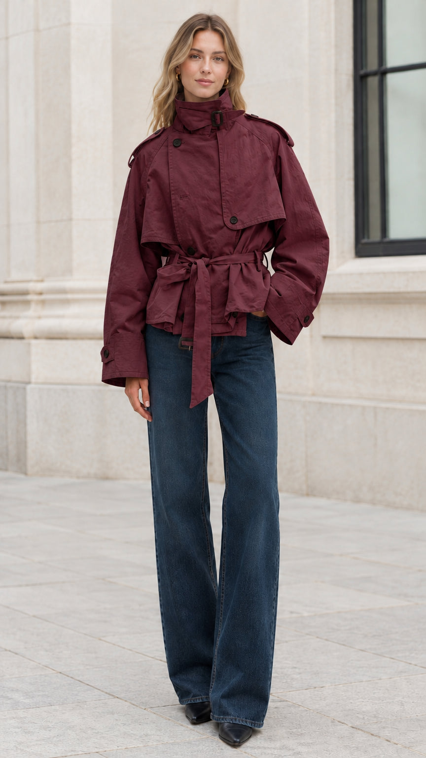 Full-length shot of model wearing burgundy wine cropped belted trench jacket with tied waist