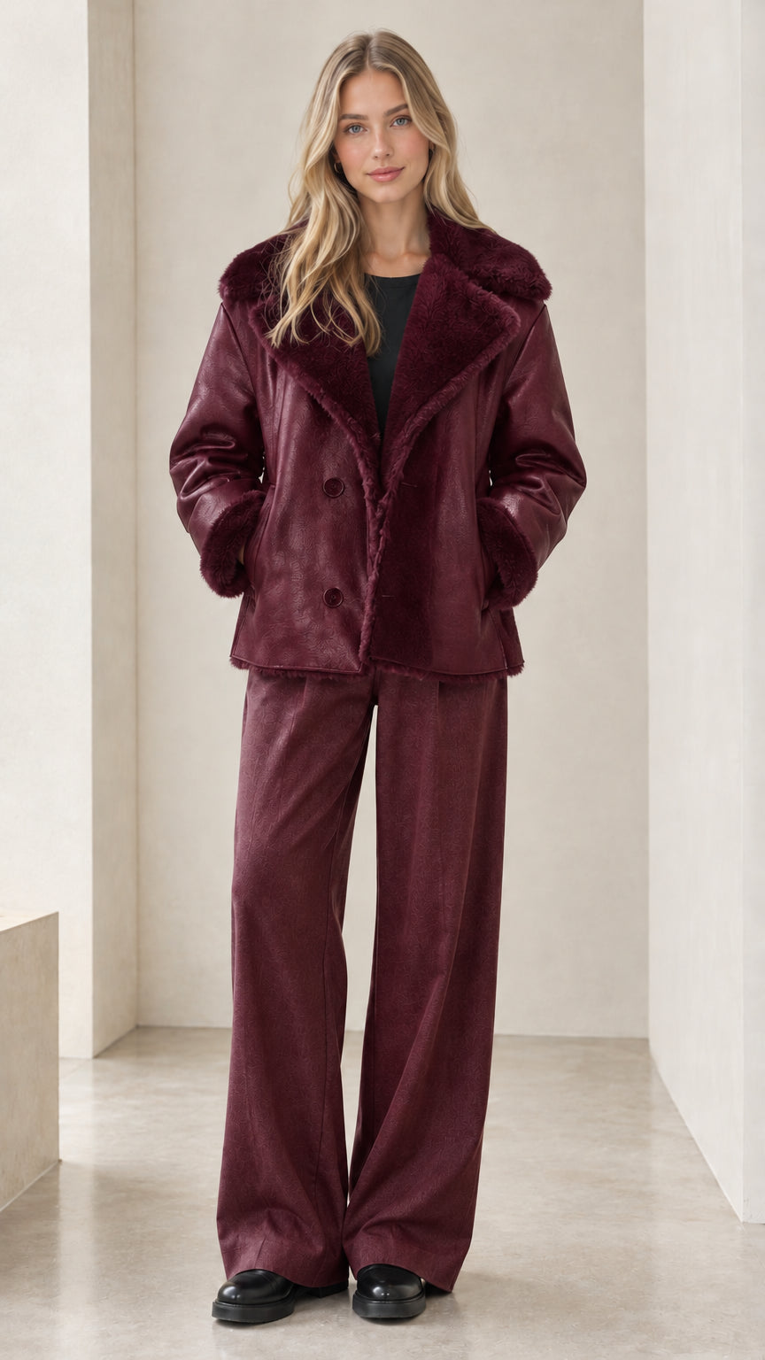 Full-body view of model wearing burgundy faux shearling jacket with matching pants