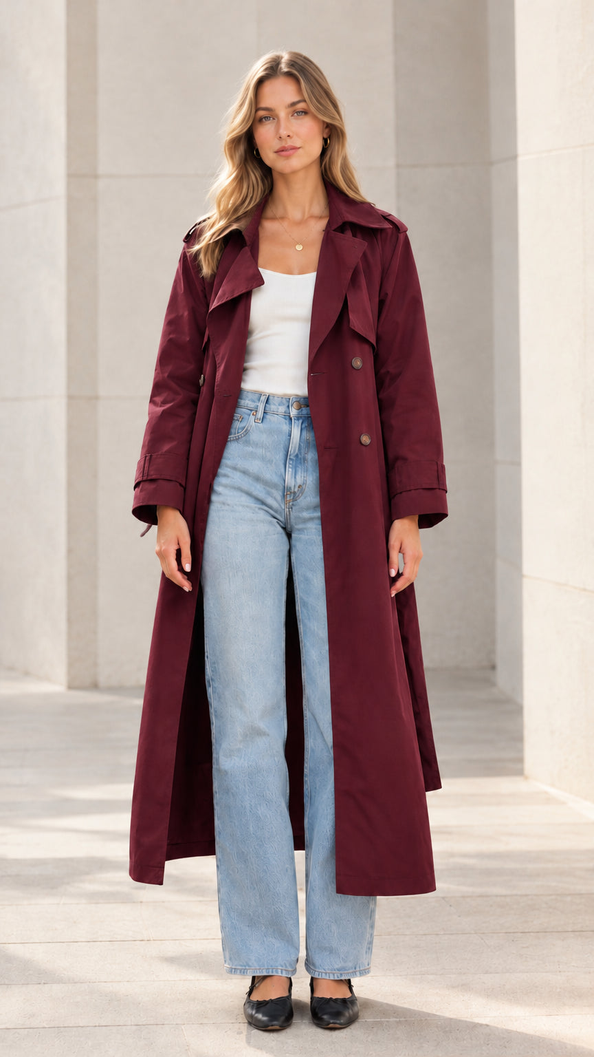 Front view of model wearing the long burgundy wine trench coat