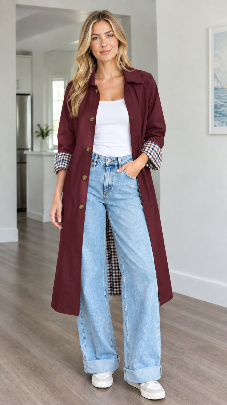Front view of woman wearing burgundy wine red long plaid-lined trench coat over white top and jeans