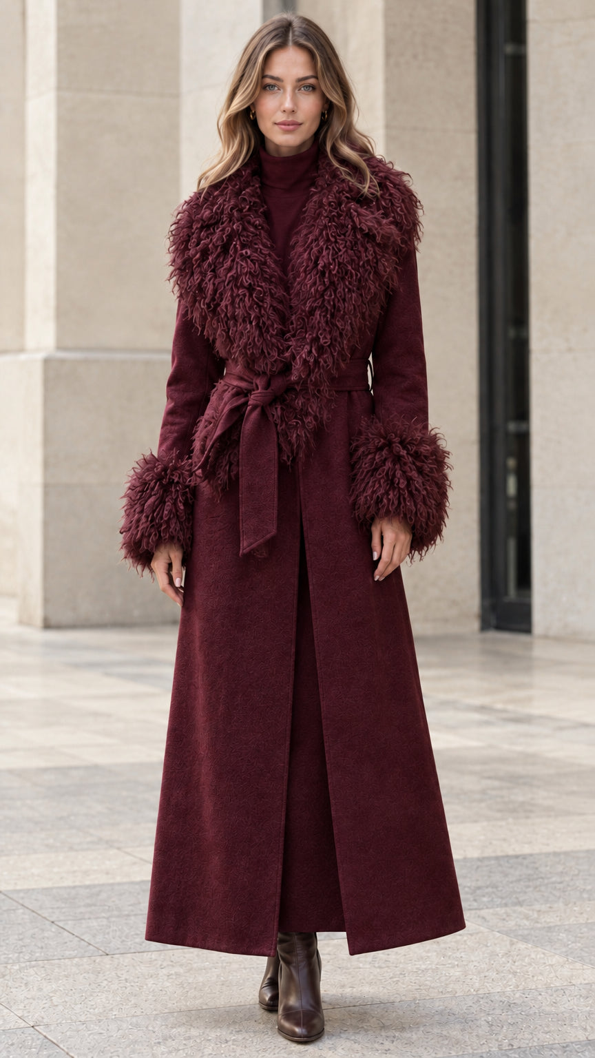 Full front view of model wearing burgundy wine faux fur trim maxi coat