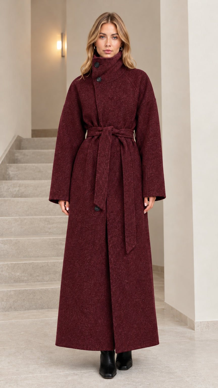 Front view of woman wearing burgundy wine red high collar belted maxi overcoat
