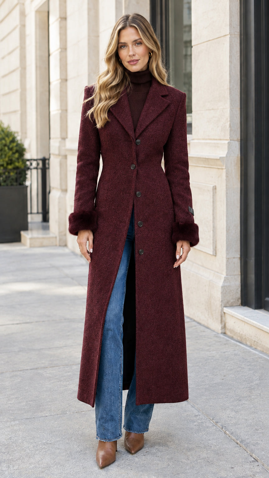 Full-length view of woman wearing burgundy wine tailored maxi coat with fur cuffs