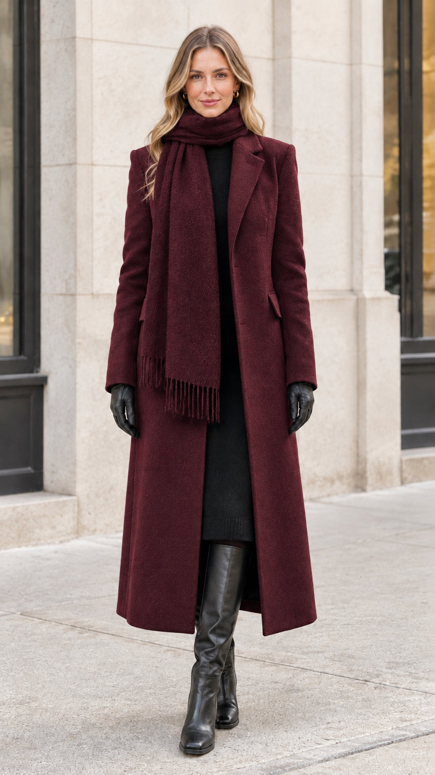 Model wearing rich burgundy wine tailored maxi coat with matching scarf