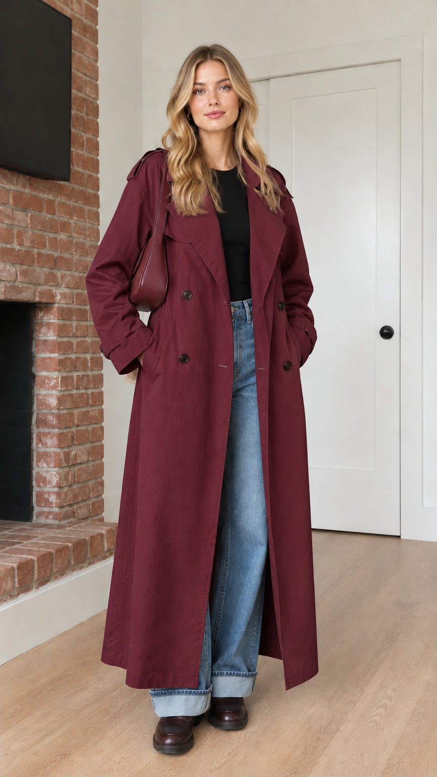 Front view of model wearing burgundy wine double-breasted maxi trench coat