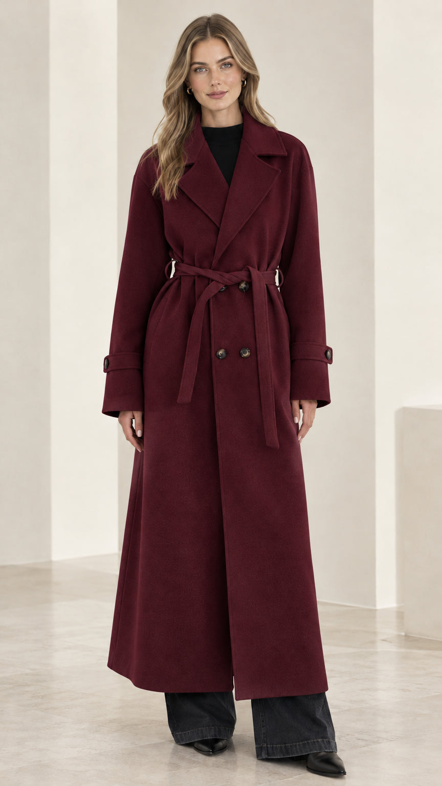 Front view of woman modeling a burgundy double-breasted maxi belted trench coat