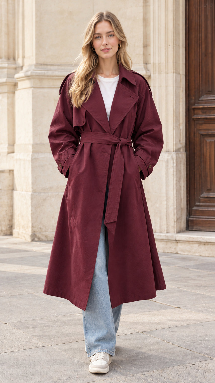 Front view of woman wearing a burgundy red longline belted trench coat