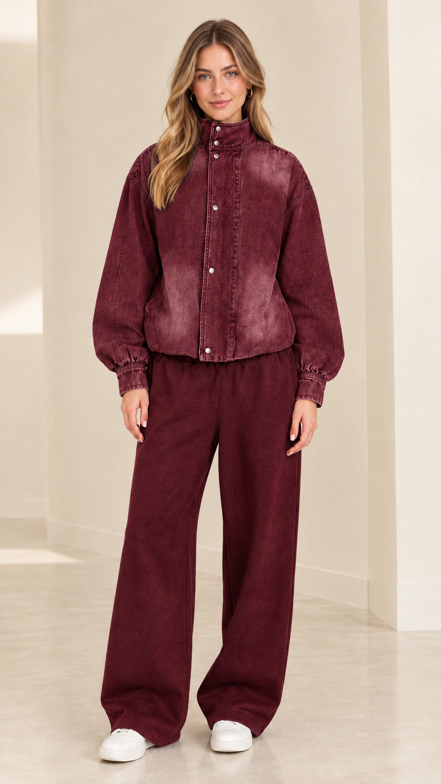 Model wearing washed burgundy jacket and matching burgundy wide-leg pants