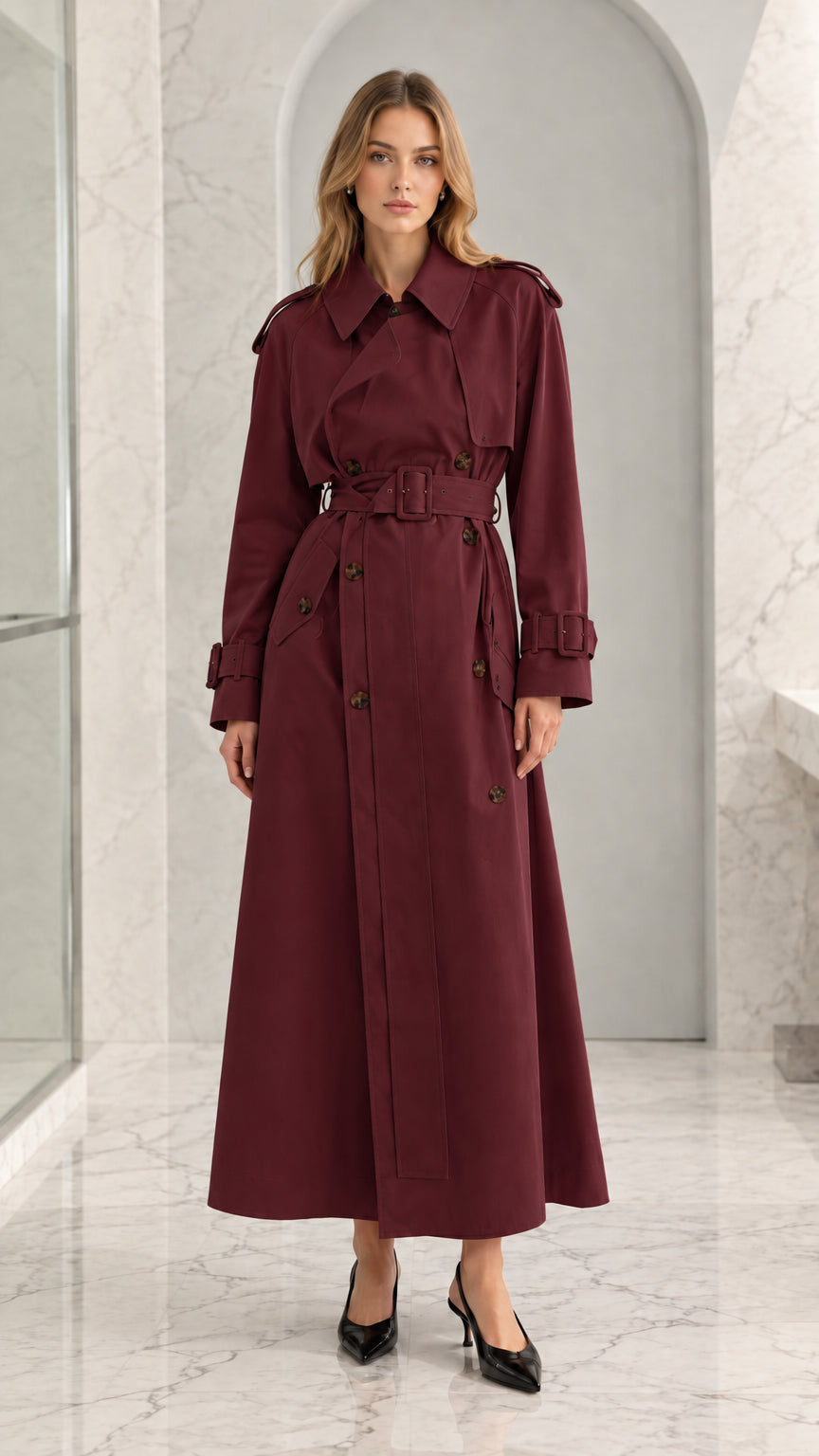 Front full-length view of woman wearing burgundy wine red maxi belted trench coat