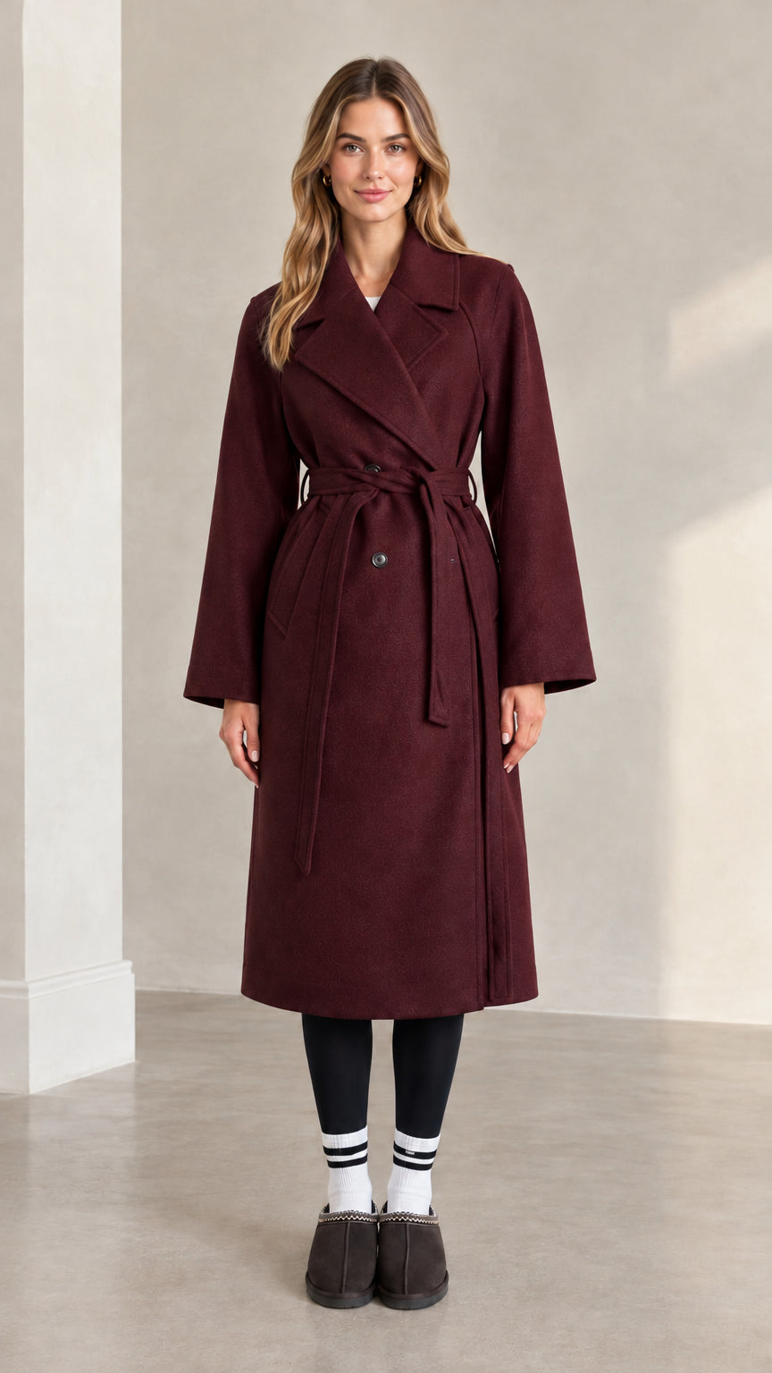 Front full view of woman wearing burgundy longline belted trench coat