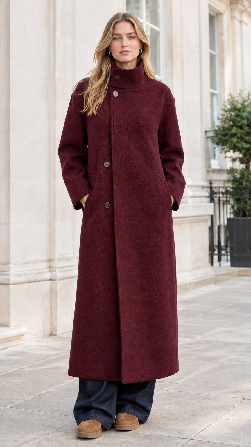 Full-length front view of woman wearing rich burgundy high-neck maxi overcoat