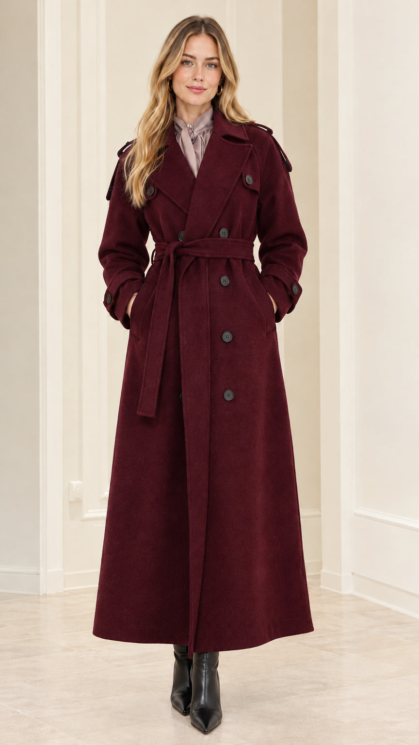 Front full view of woman wearing Burgundy double-breasted maxi trench coat