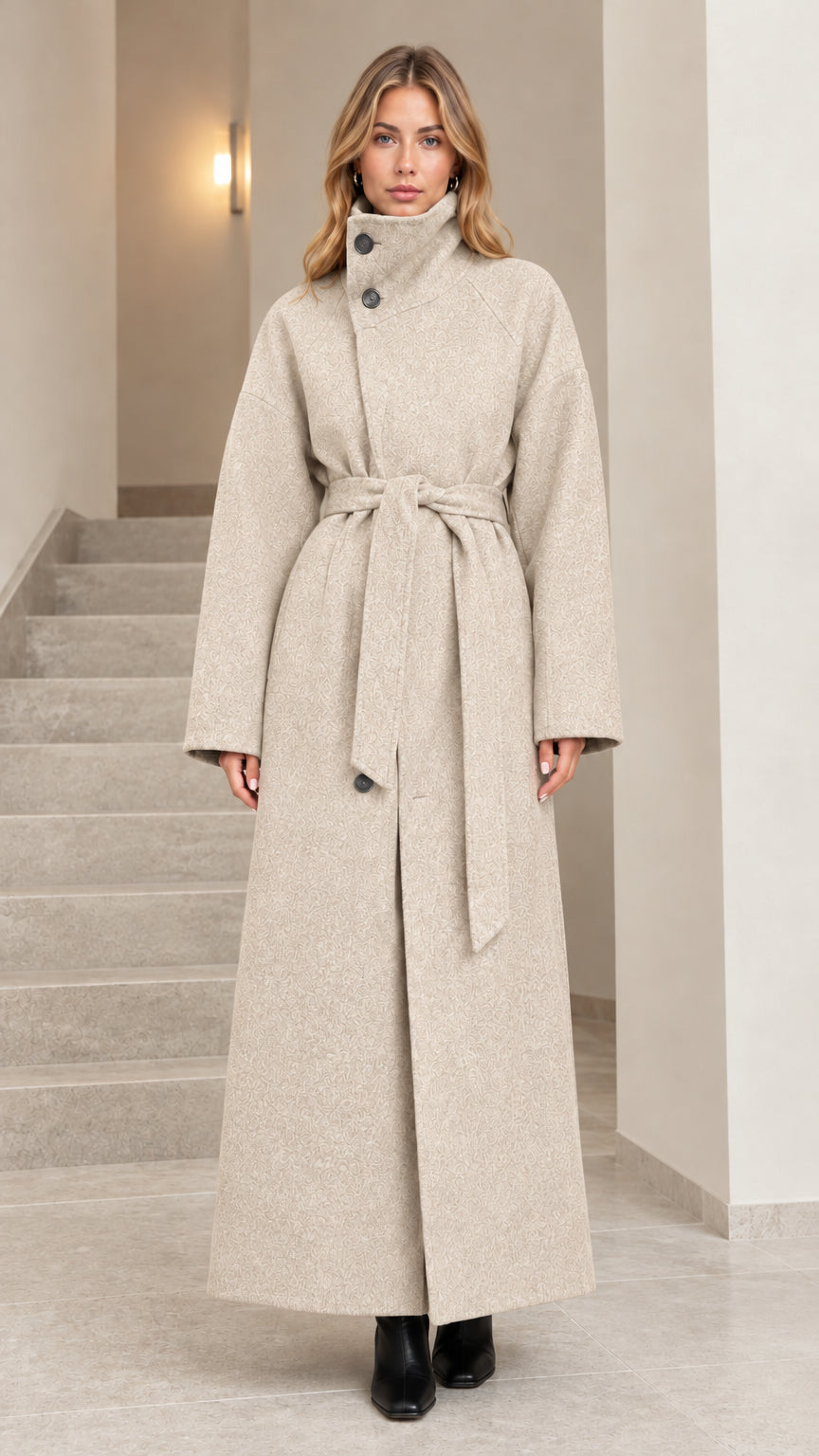 Front view of woman wearing beige oatmeal high collar belted maxi overcoat
