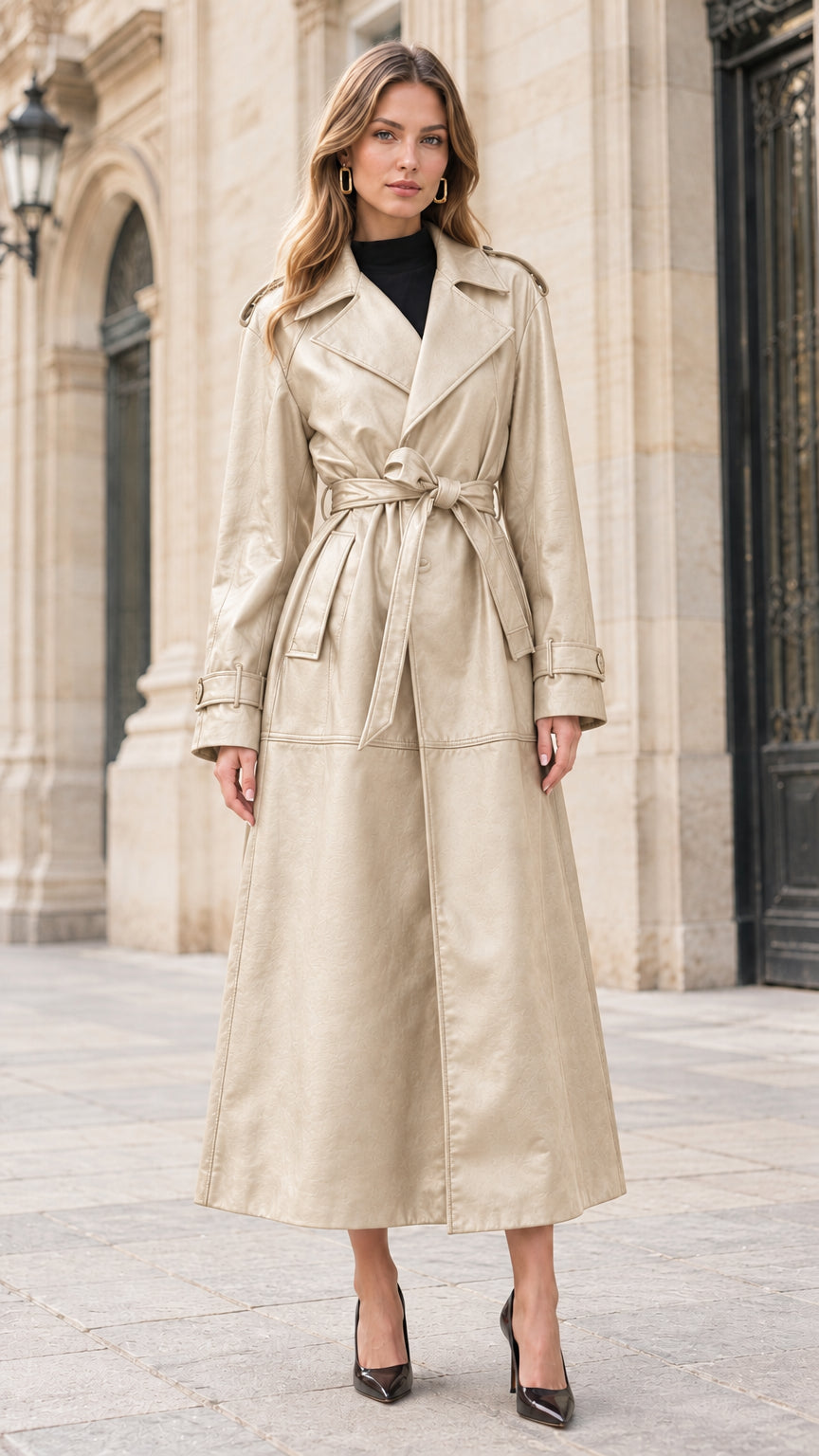 Front view of woman wearing beige cream faux leather belted trench coat