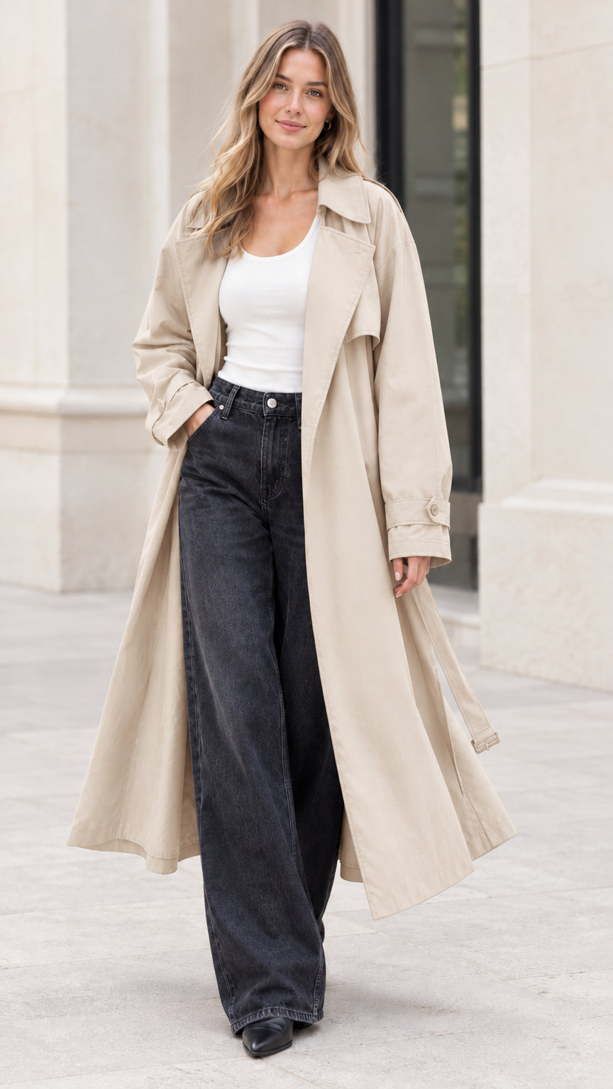Front full-length view of woman wearing cream beige longline trench coat