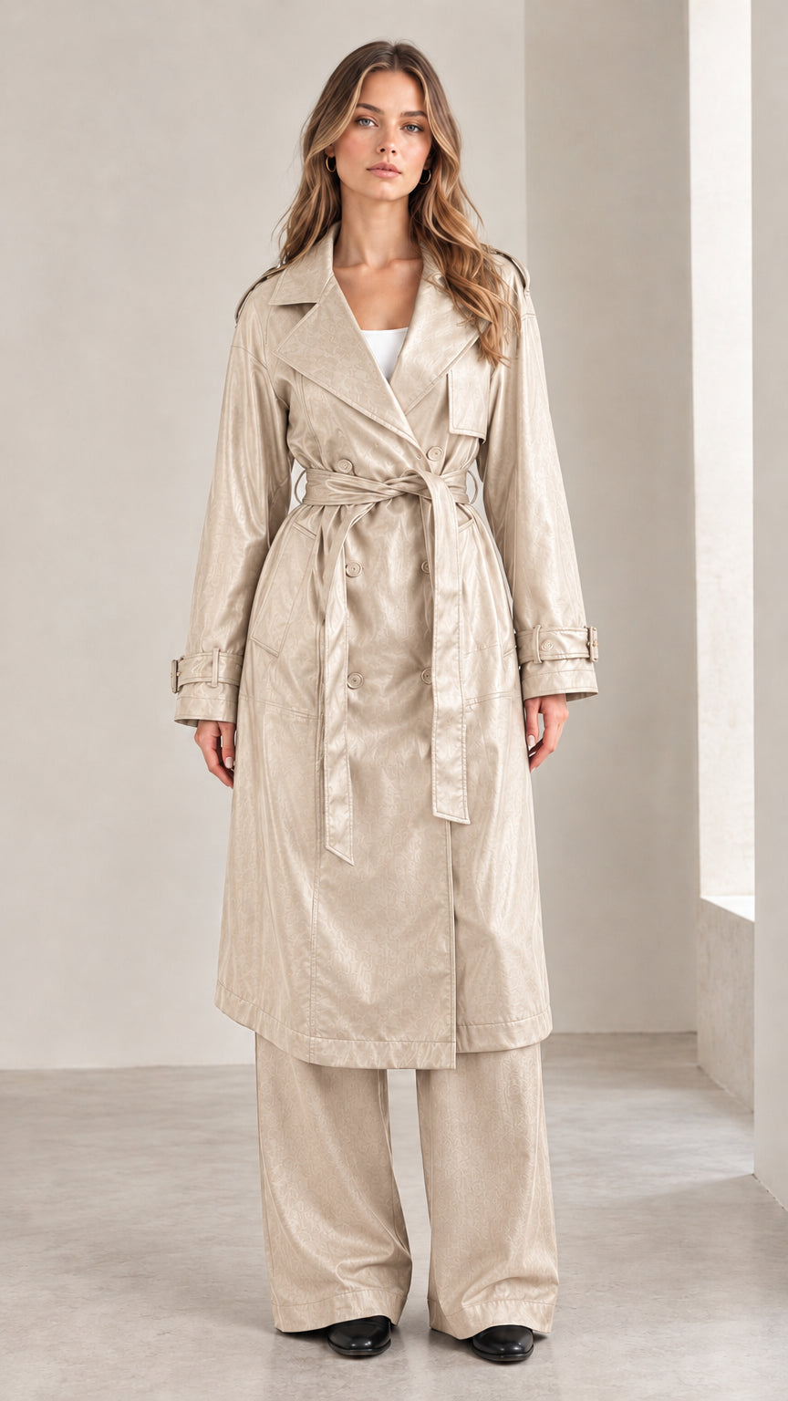 Model wearing the beige champagne belted trench coat and matching wide-leg trousers set