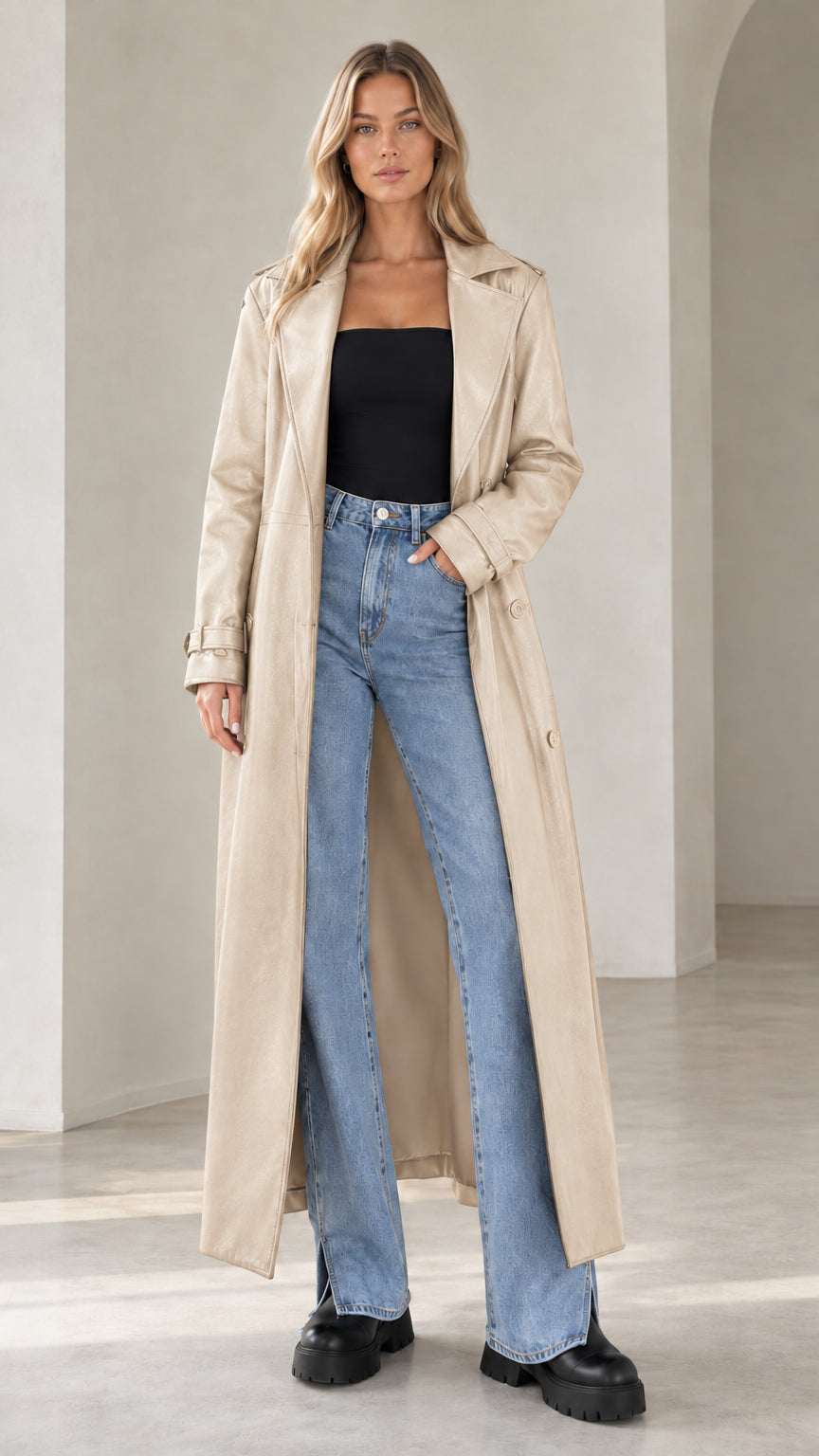 Front view of model wearing beige cream faux leather maxi trench coat