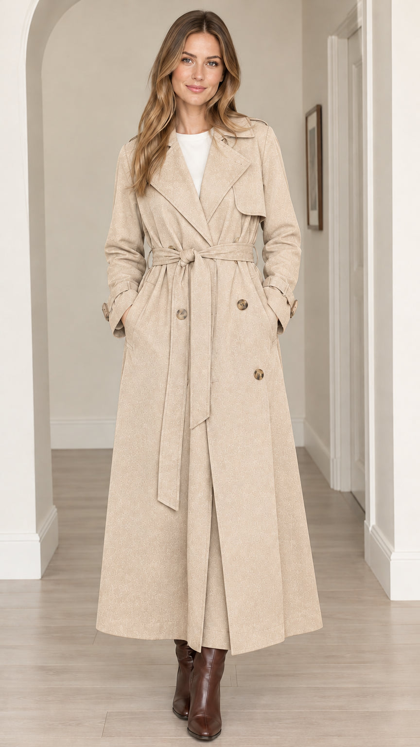 Front view of women's maxi long trench coat in beige