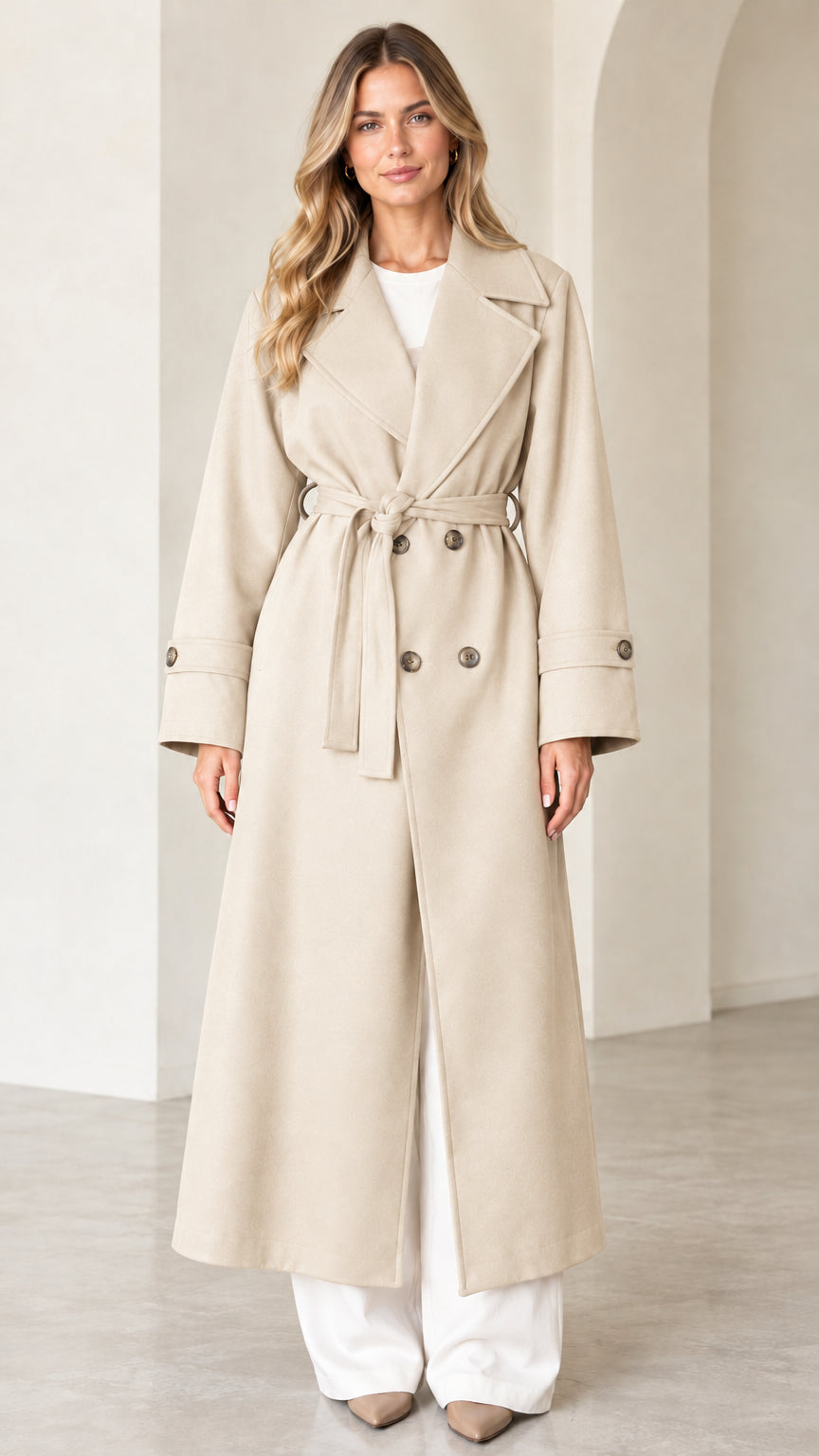 Front view of model wearing beige cream longline belted trench coat