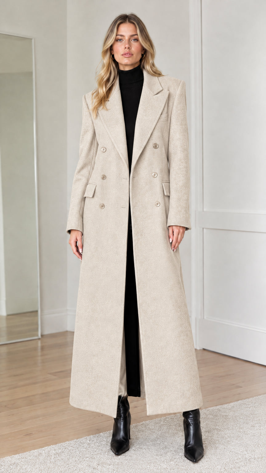 Full-length front view of woman wearing beige double-breasted maxi overcoat