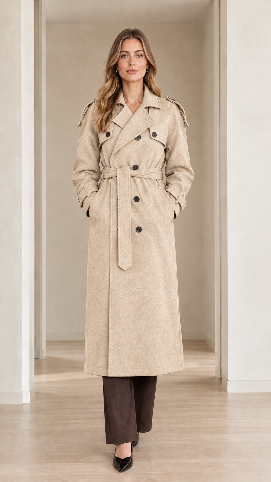 Front view of model wearing beige double-breasted long trench coat