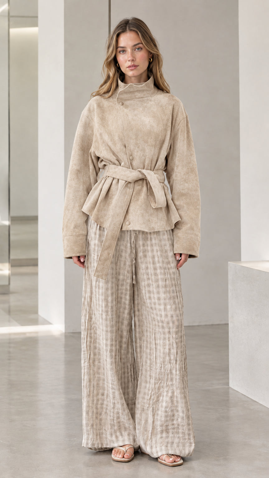 Front view of model wearing beige khaki belted high-neck suede jacket with wide leg trousers