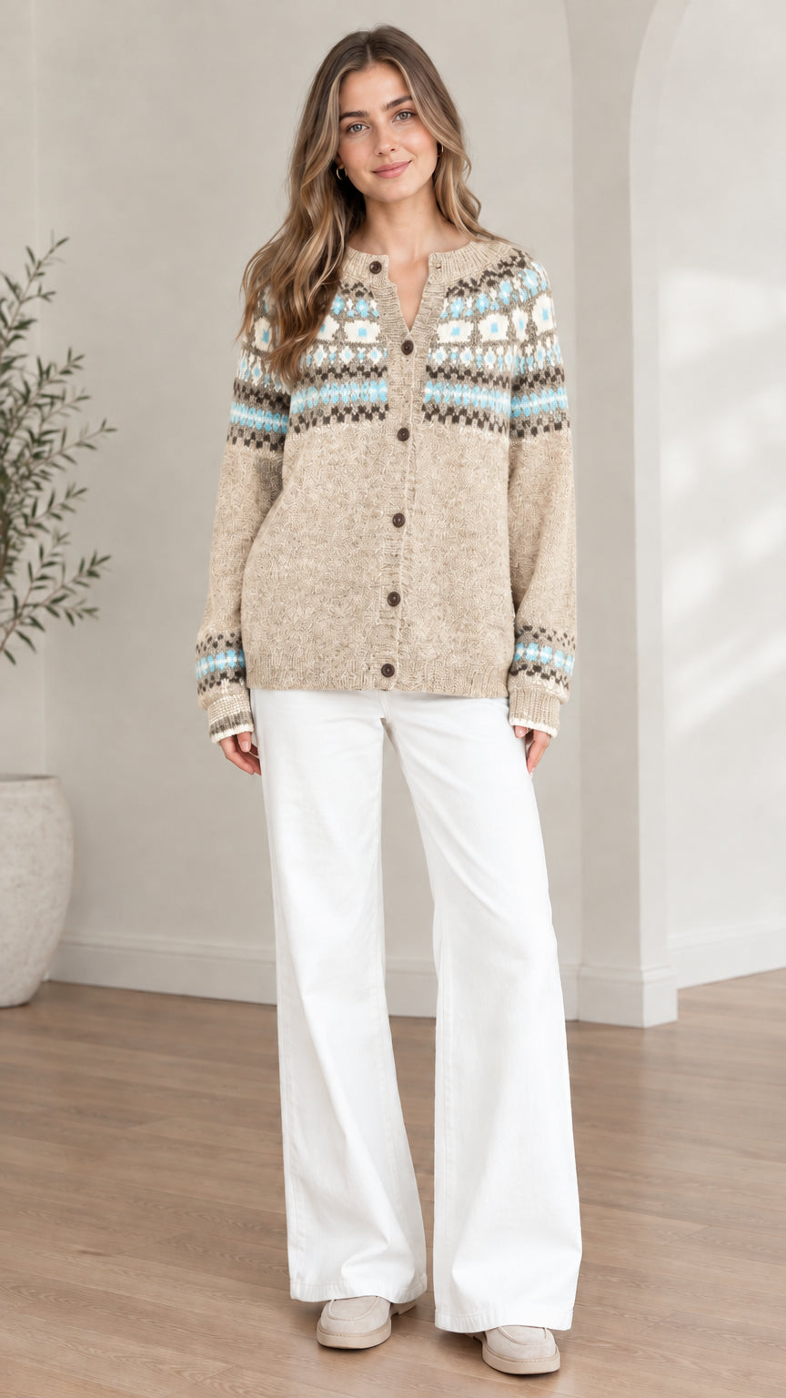 Front view of model wearing an oatmeal beige Fair Isle button-down knit cardigan sweater