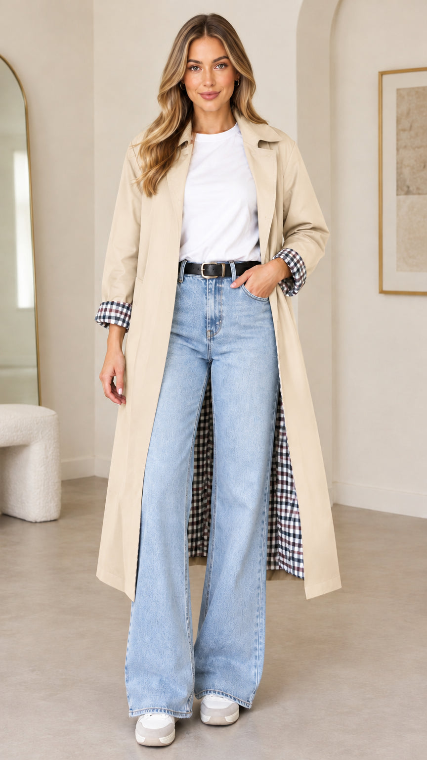 Front full-length view of woman wearing beige long duster trench coat with plaid cuffs