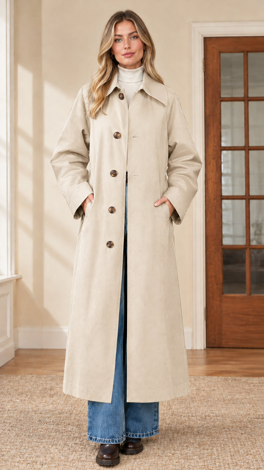Full front view of woman wearing cream beige maxi single-breasted trench coat