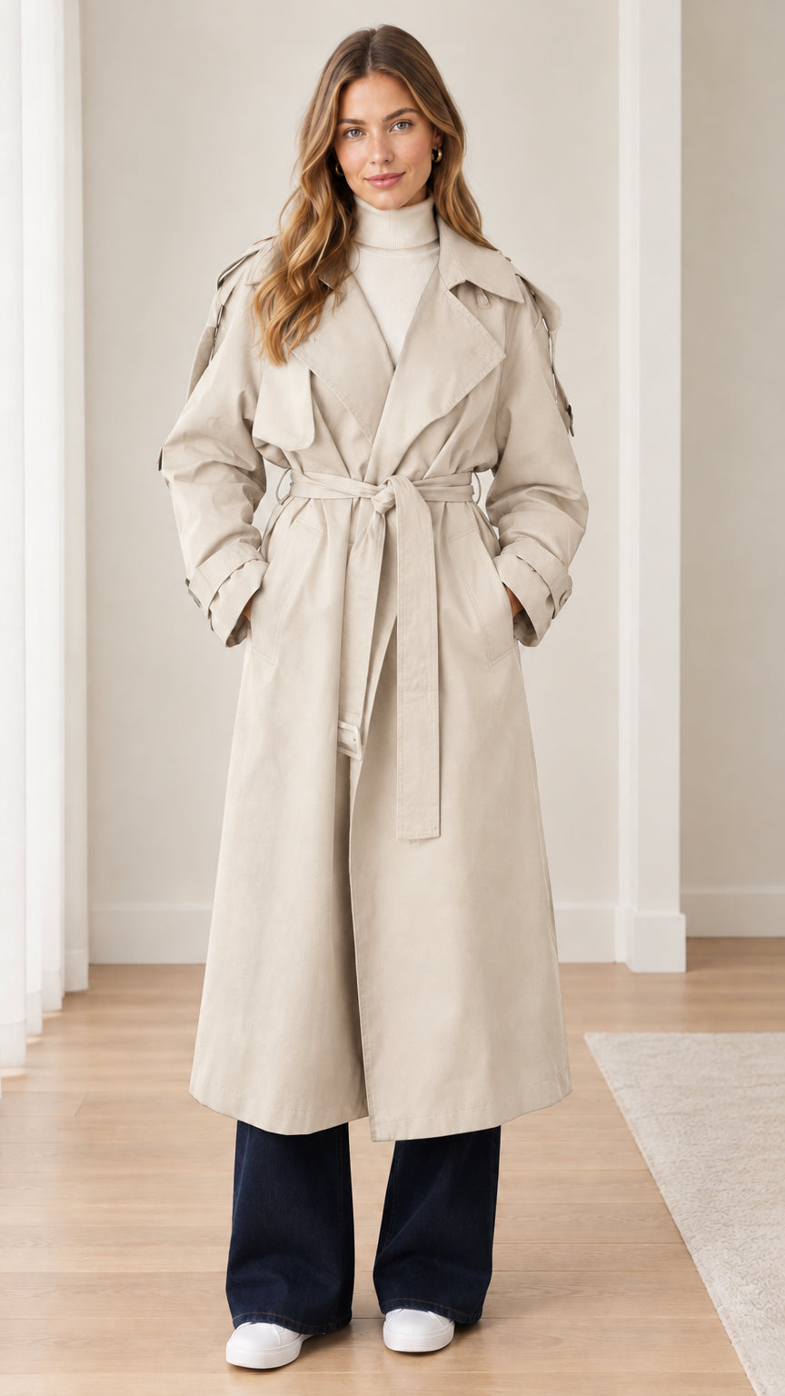 Front view of model wearing beige cream longline belted trench coat