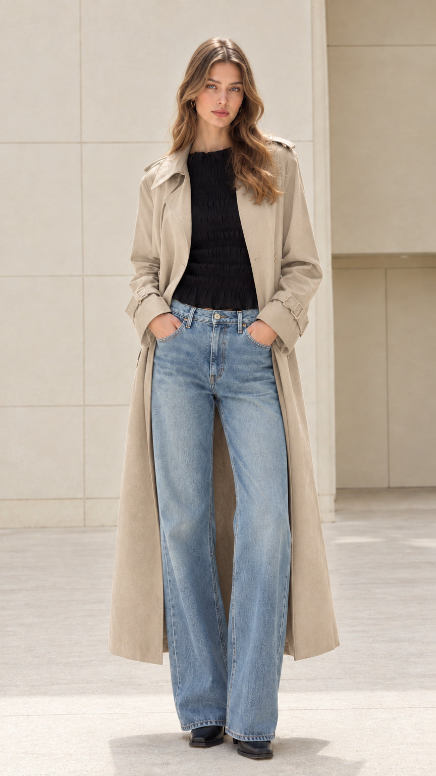 Front open view of woman wearing long beige sand-colored trench coat