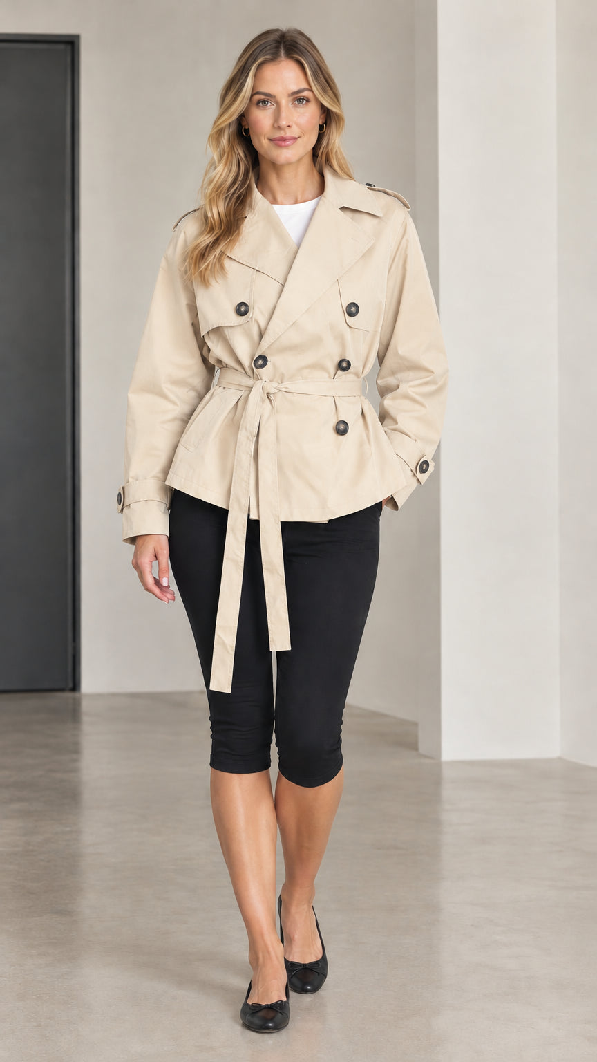 Front view of woman wearing beige short double-breasted trench coat with tie belt