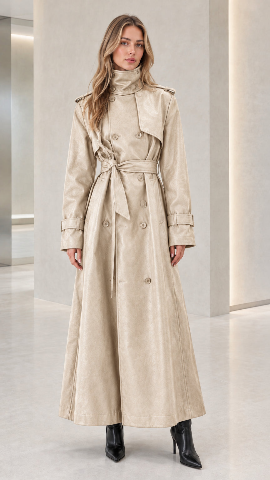 Full-length view of women's beige double-breasted maxi trench coat