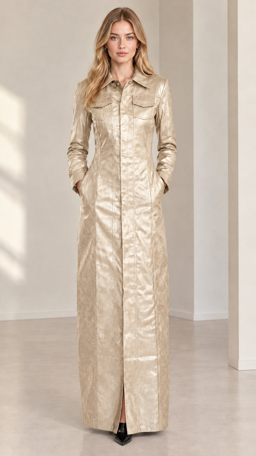 Front view of model wearing champagne gold faux leather maxi shirt dress
