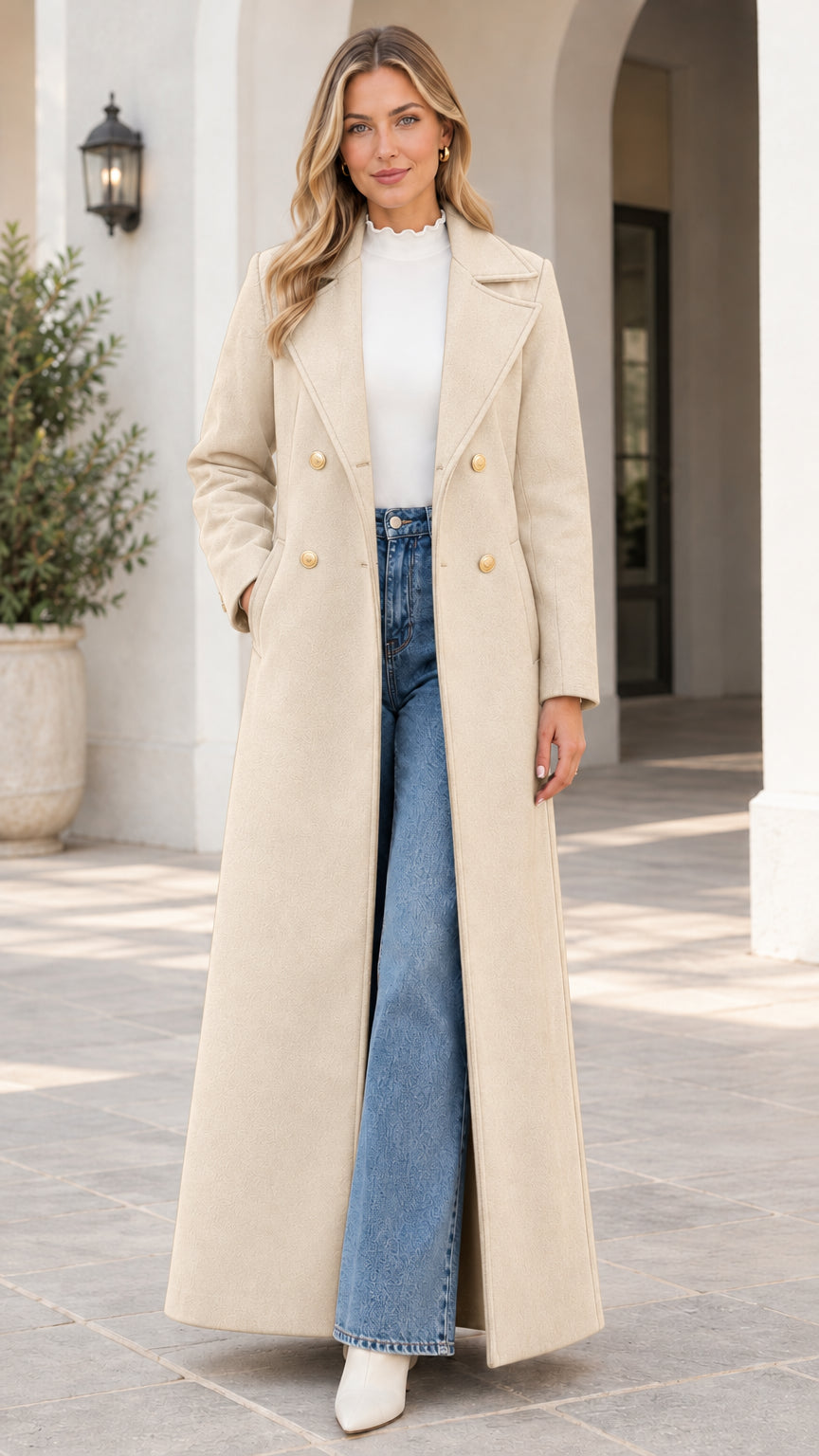 Front view of model wearing the double-breasted floor-length maxi coat in cream beige