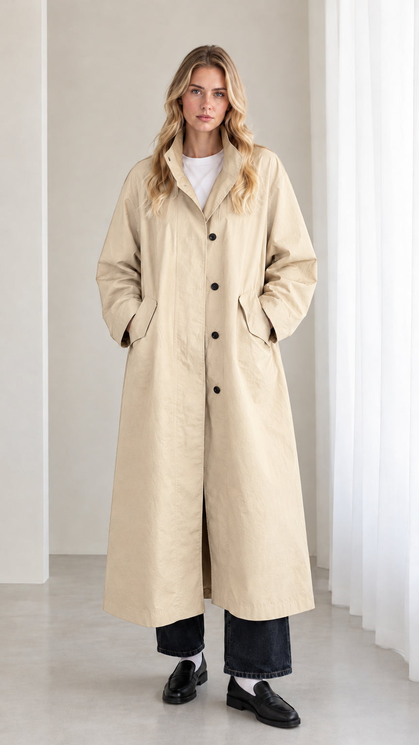 Front view of woman wearing beige light khaki longline trench overcoat