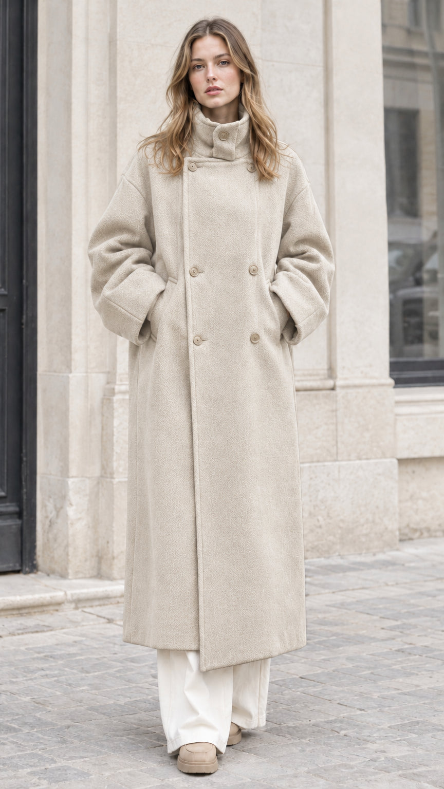 Front full view of woman wearing Beige double-breasted high neck maxi overcoat