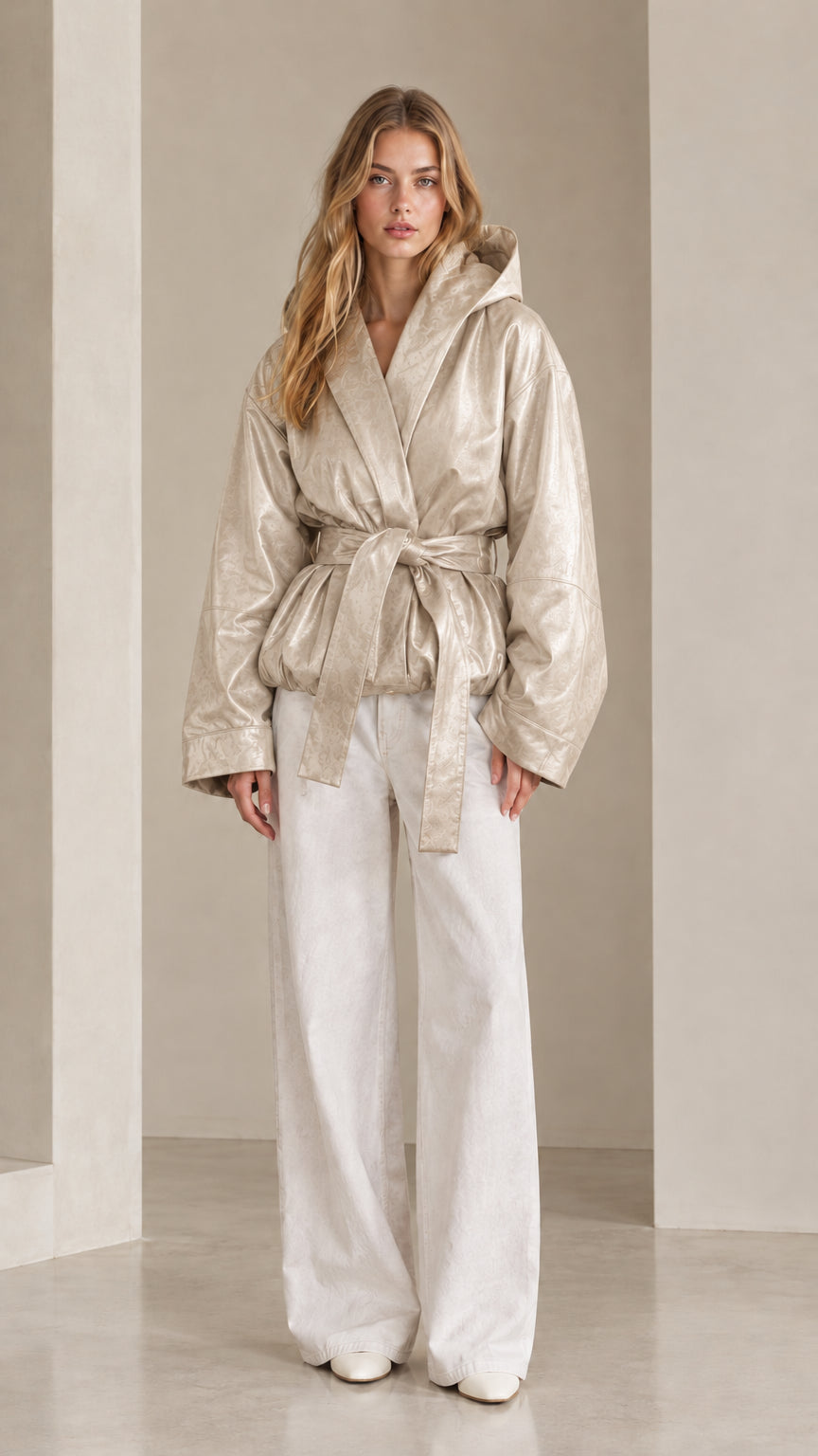 Front view of model wearing champagne light gold hooded belted faux leather wrap jacket