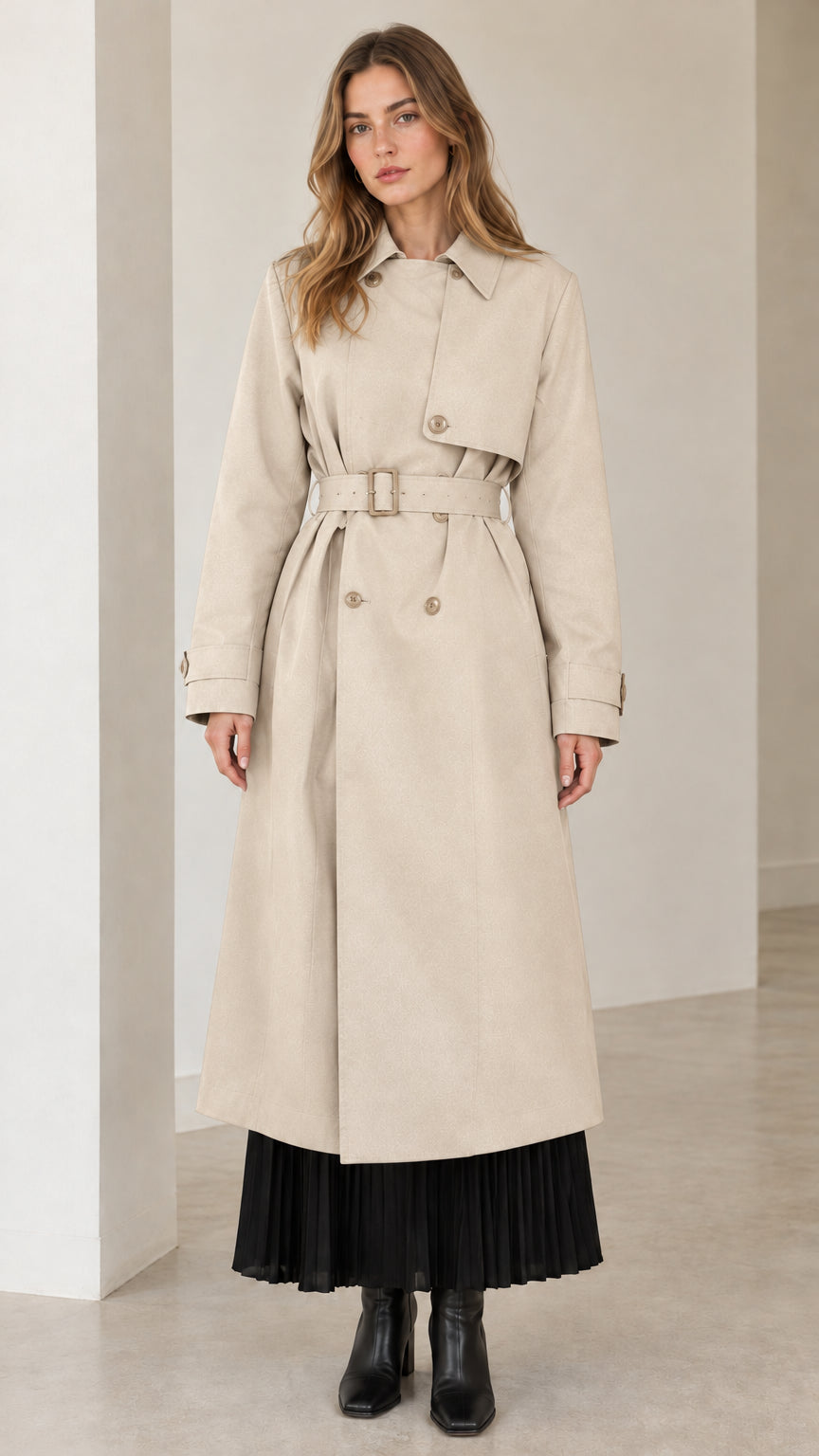 Front view of model wearing classic beige cream maxi belted trench coat