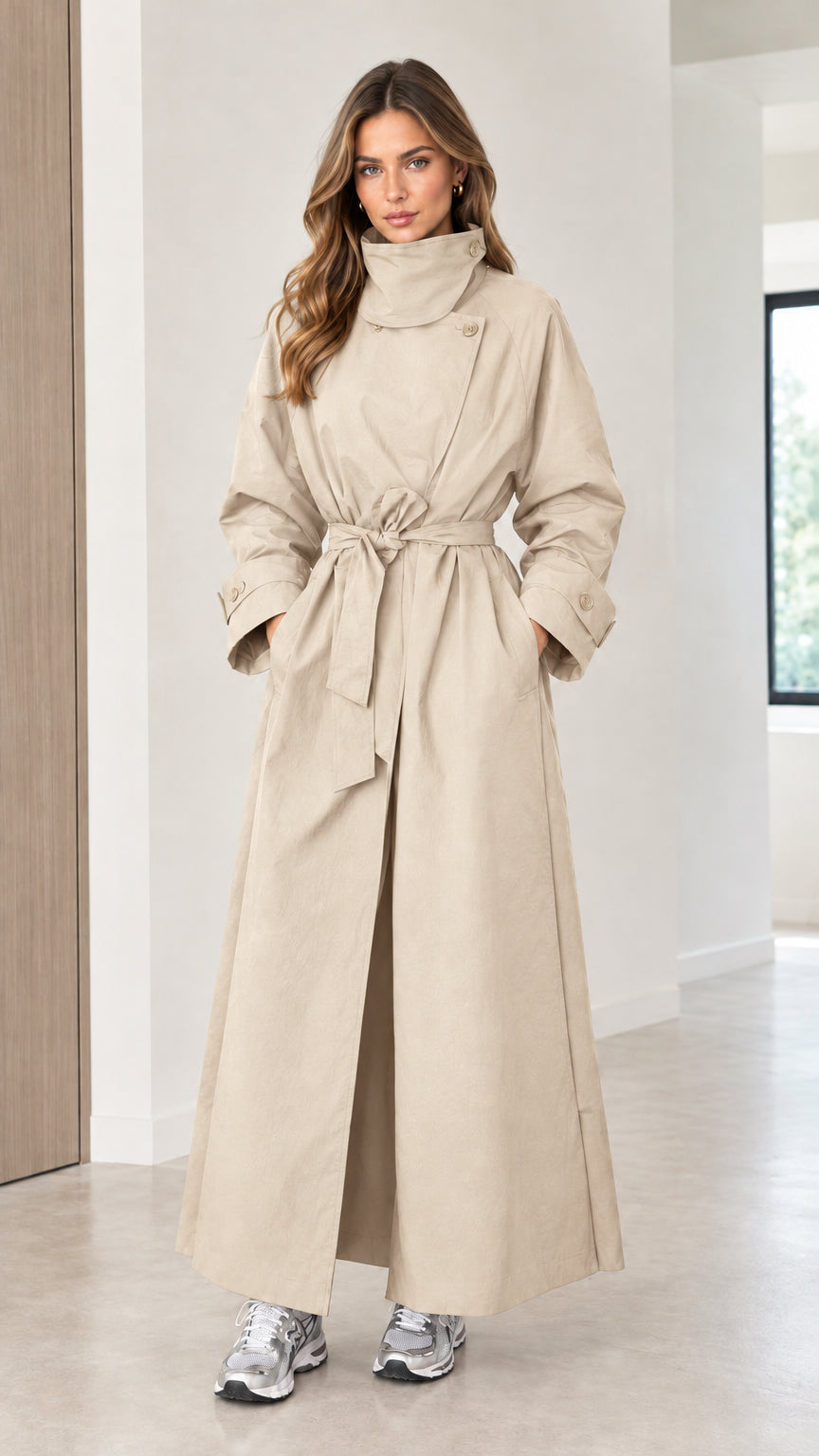 Front full view of a woman wearing a beige khaki maxi trench coat with a tied waist