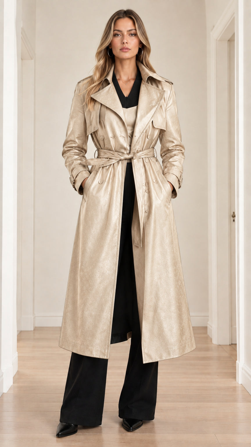 Full-length front view of champagne light beige faux leather belted trench coat
