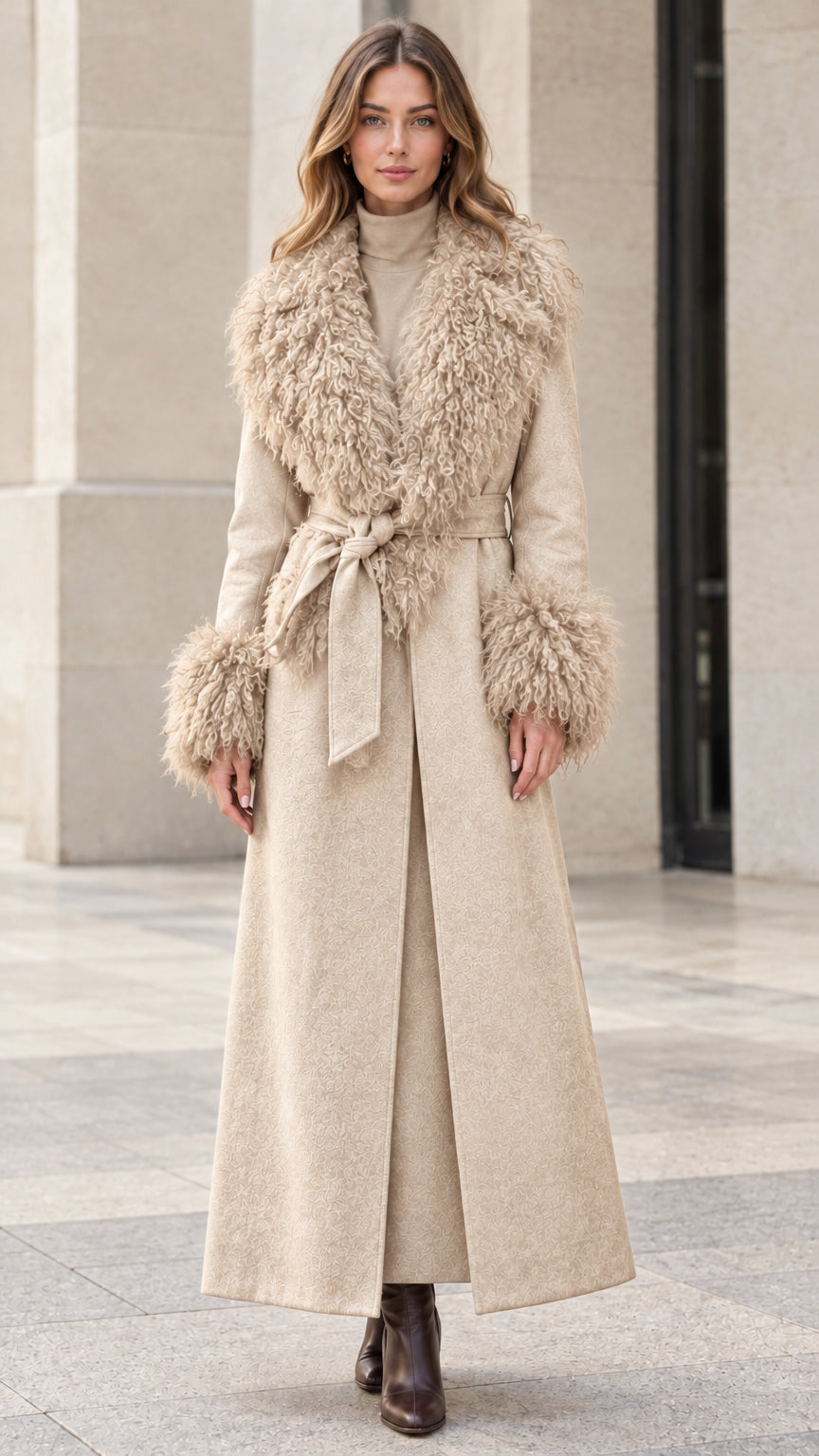 Full front view of model wearing beige cream faux fur trim maxi coat