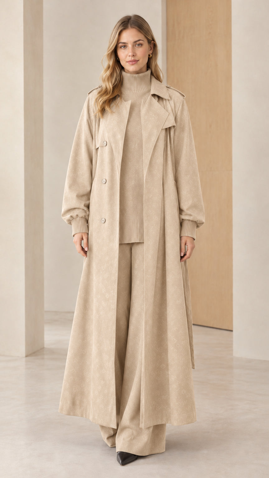 Full-length front view of woman wearing beige sand maxi trench coat