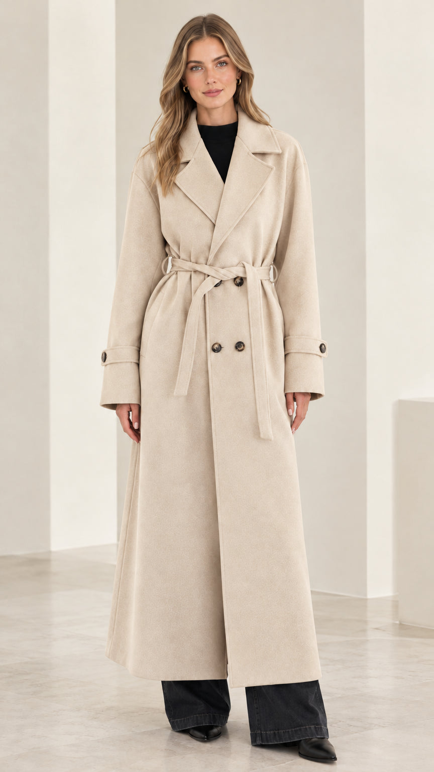 Front view of woman modeling a beige double-breasted maxi belted trench coat